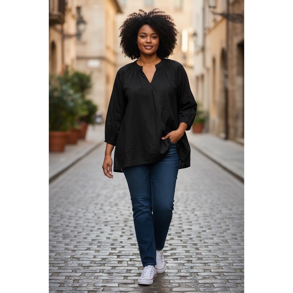 Joe's Jeans Black Poplin Balloon Sleeve Split Neck Blouse Top Small NWT
